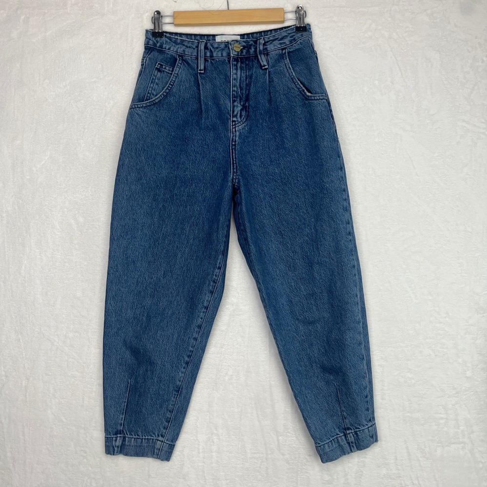 FRAME Pleated Barrel Leg Jeans Women's sz 25 Blue Campus Ultra High Rise Cropped